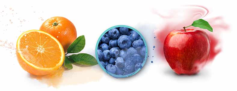 Combined photo with illustration to convey fruit juice, puree and aroma.