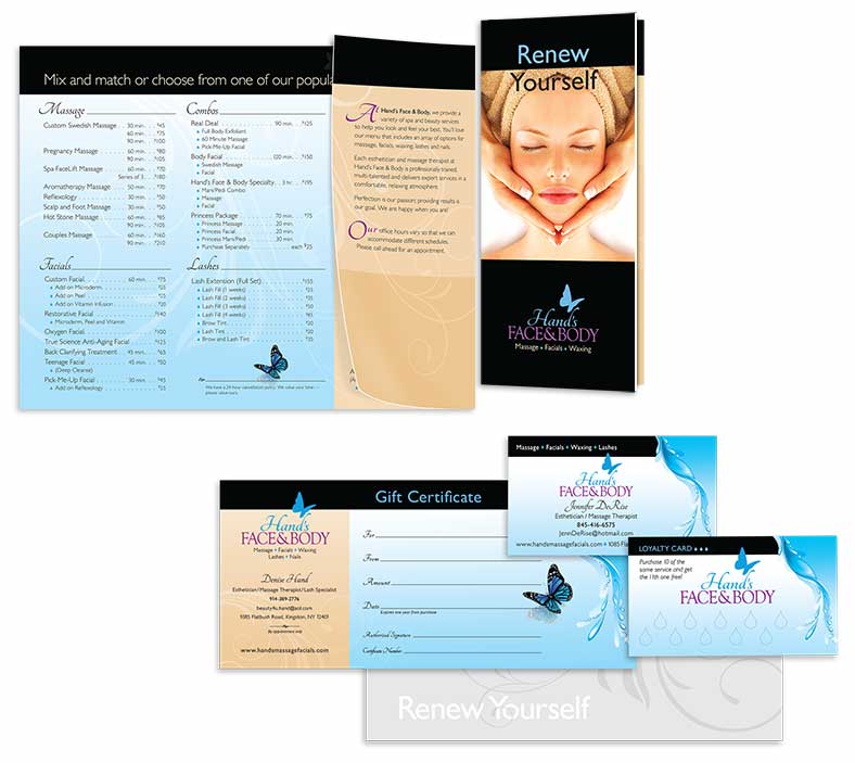 Grouping of spa brochure, gift certificate, business and loyalty cards.