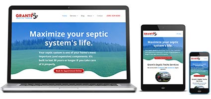 View of septic pumping company website on 3 size screens.